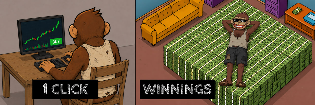 A cartoon monkey goes from clicking buy to relaxing on a bed of cash